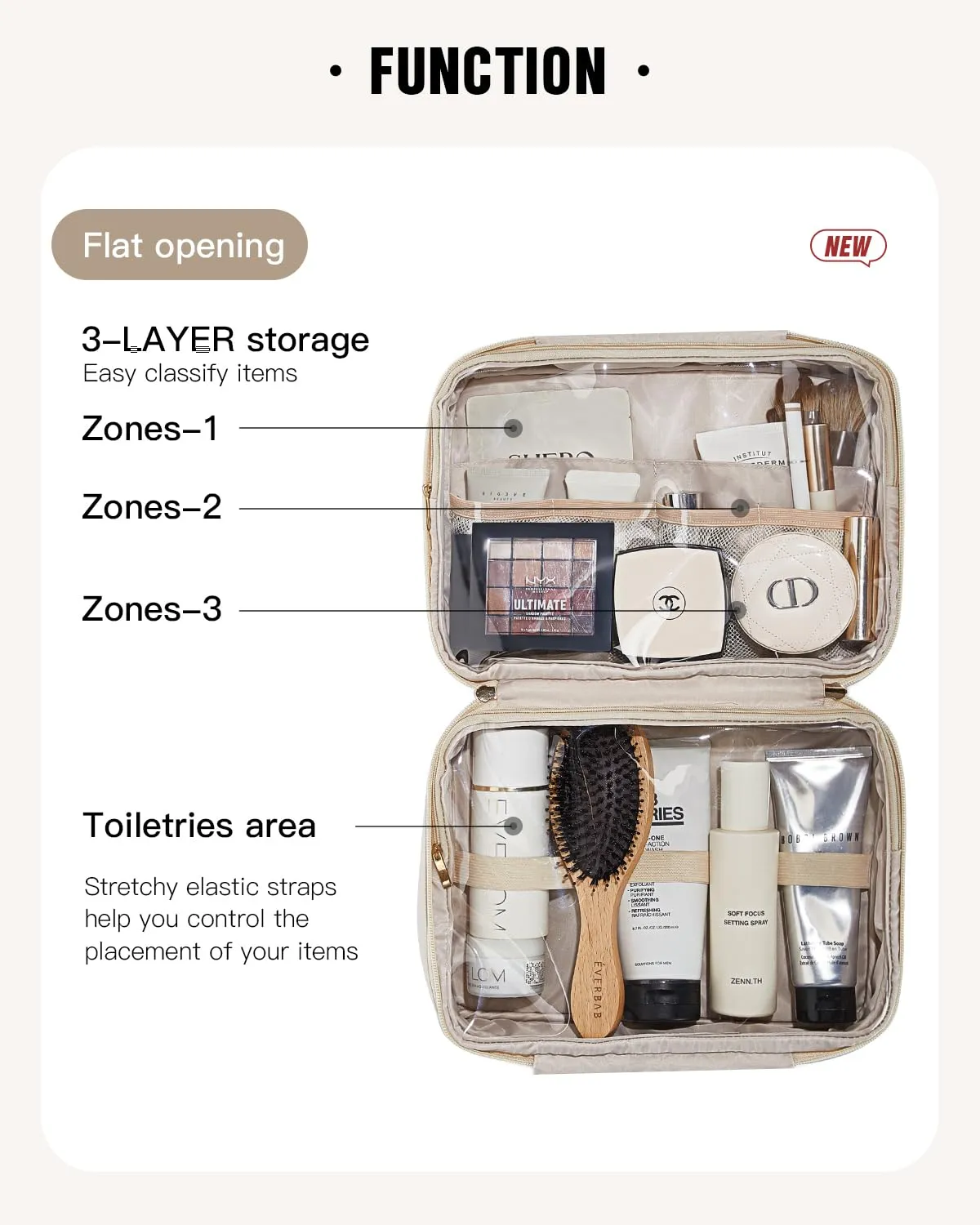 EACHY Toiletry Bag with Hanging Hook, Travel Makeup Bag PU Leather Cosmetic Bags for Women Make Up Organizer with 4 Compartments Waterproof Full-Size Portable Travel Essentials (Berige)
