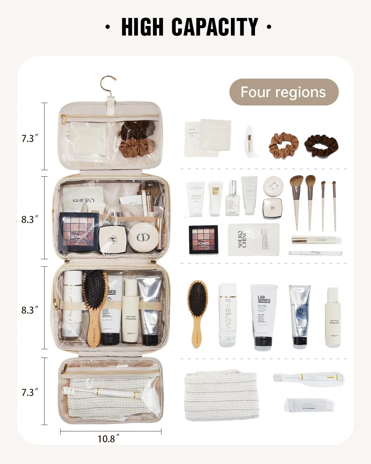 EACHY Toiletry Bag with Hanging Hook, Travel Makeup Bag PU Leather Cosmetic Bags for Women Make Up Organizer with 4 Compartments Waterproof Full-Size Portable Travel Essentials (Berige)