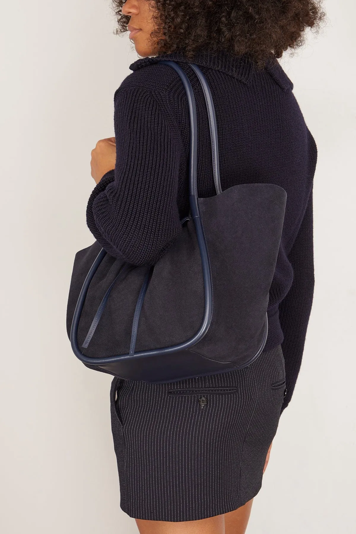 Large Ruched Soft Suede Tote in Deep Navy