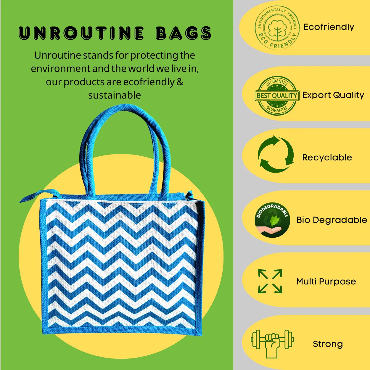 Printed Jute Shopping Bag - Chevron Teal Blue Large