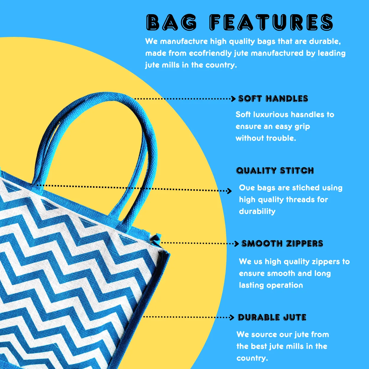 Printed Jute Shopping Bag - Chevron Teal Blue Large