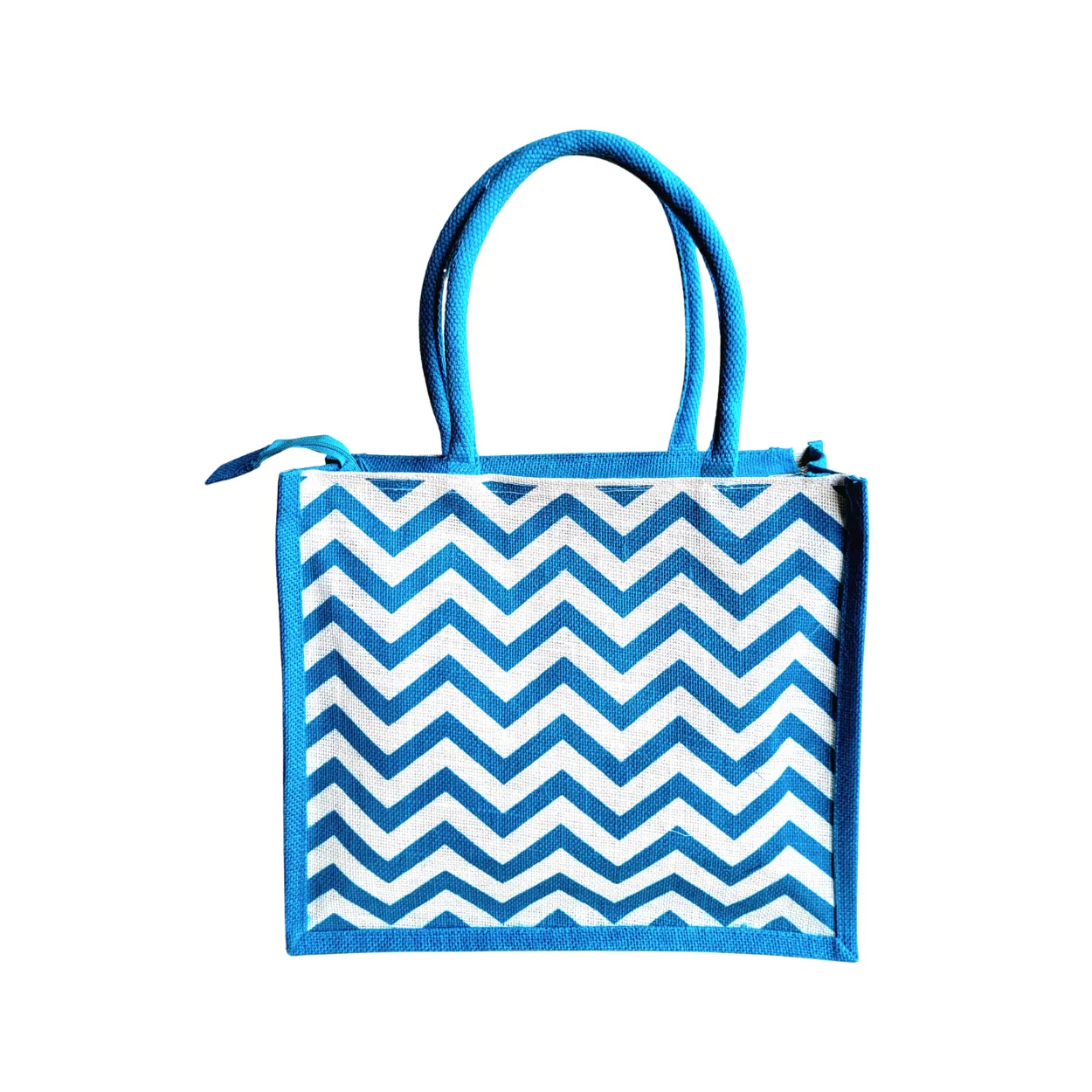Printed Jute Shopping Bag - Chevron Teal Blue Large