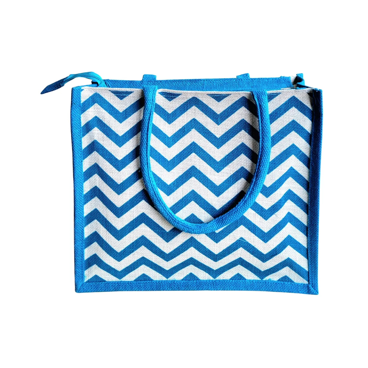 Printed Jute Shopping Bag - Chevron Teal Blue Large
