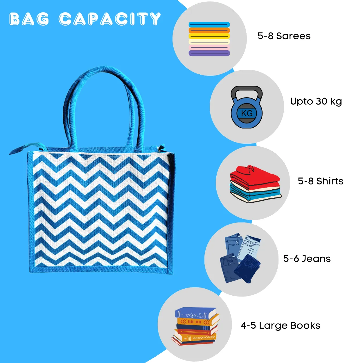 Printed Jute Shopping Bag - Chevron Teal Blue Large